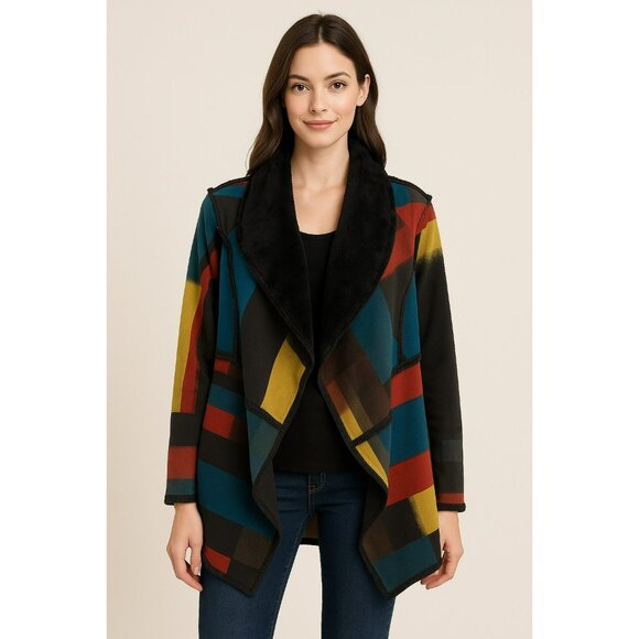 Adore Multicolor Patchwork Open Front Jacket With Faux Fur Trim Medium Polyester - Picture 1 of 7